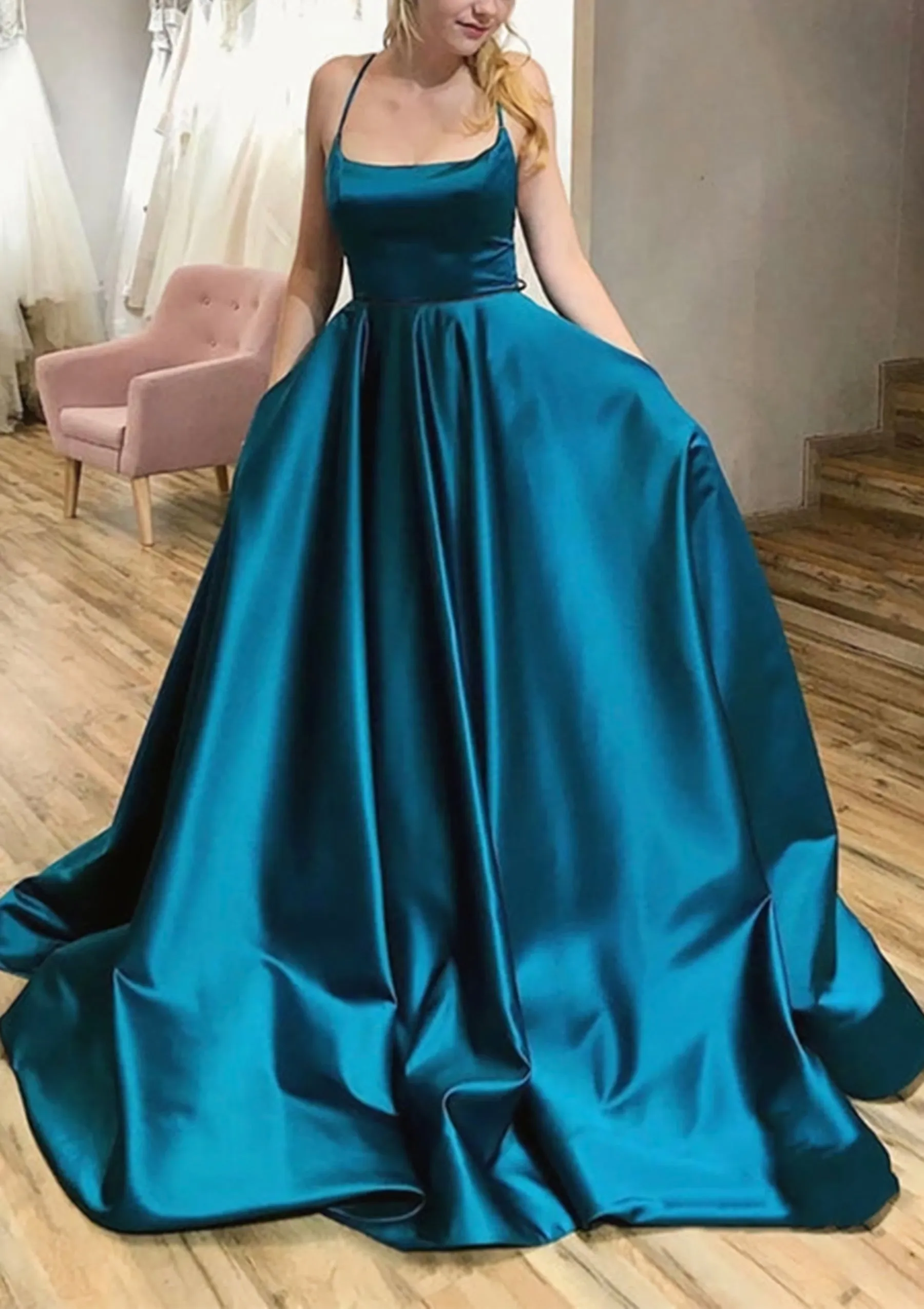 Ball Gown A-line Square Neckline Spaghetti Straps Sweep Train Satin Prom Dress With Pleated Pockets