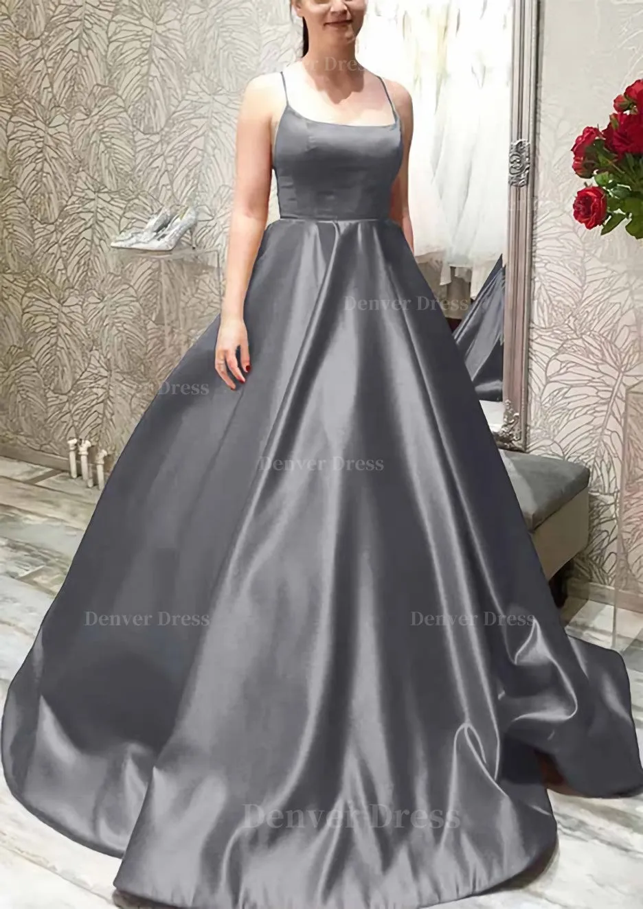 Ball Gown A-line Square Neckline Spaghetti Straps Sweep Train Satin Prom Dress With Pleated Pockets