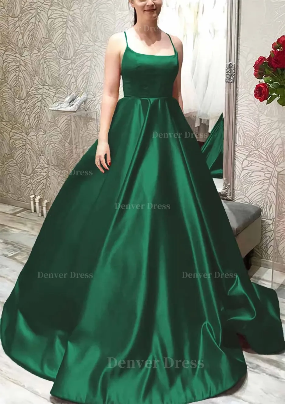 Ball Gown A-line Square Neckline Spaghetti Straps Sweep Train Satin Prom Dress With Pleated Pockets