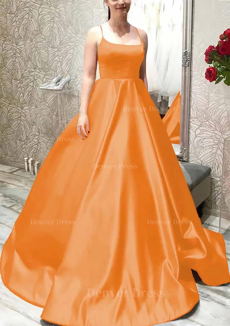 Ball Gown A-line Square Neckline Spaghetti Straps Sweep Train Satin Prom Dress With Pleated Pockets