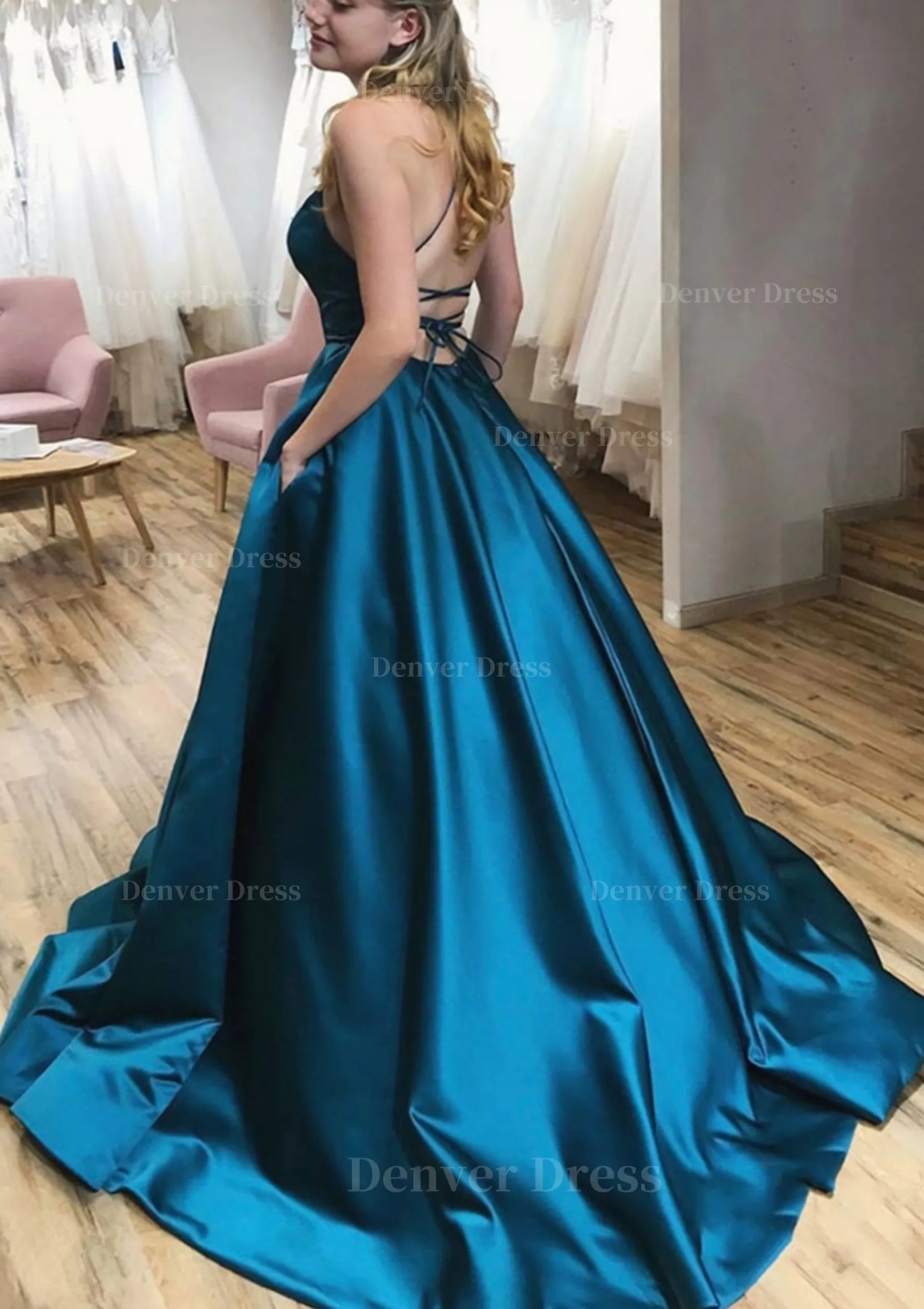 Ball Gown A-line Square Neckline Spaghetti Straps Sweep Train Satin Prom Dress With Pleated Pockets