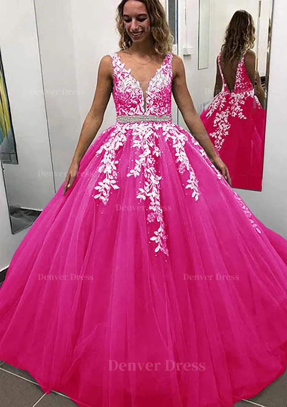 Ball Gown Sleeveless Long/Floor-Length Tulle Prom Dress With Lace Appliqued Beading