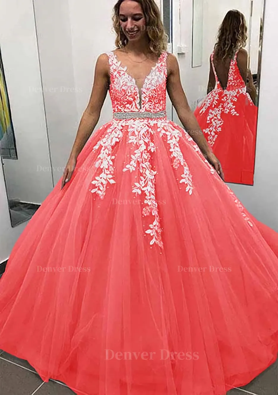 Ball Gown Sleeveless Long/Floor-Length Tulle Prom Dress With Lace Appliqued Beading