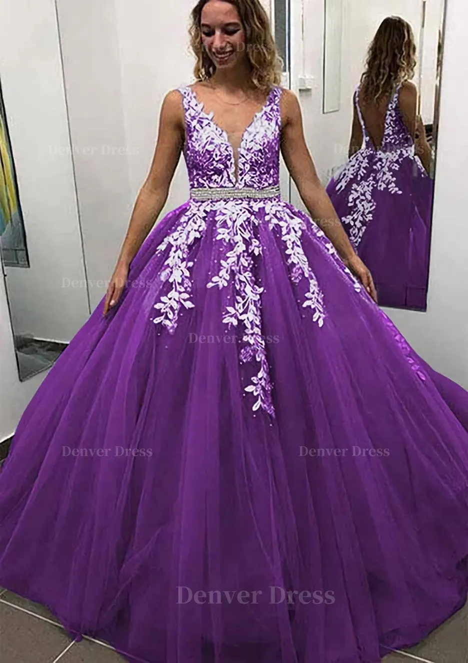 Ball Gown Sleeveless Long/Floor-Length Tulle Prom Dress With Lace Appliqued Beading