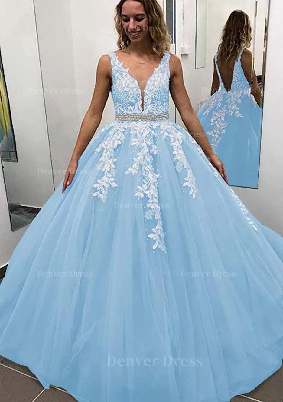 Ball Gown Sleeveless Long/Floor-Length Tulle Prom Dress With Lace Appliqued Beading