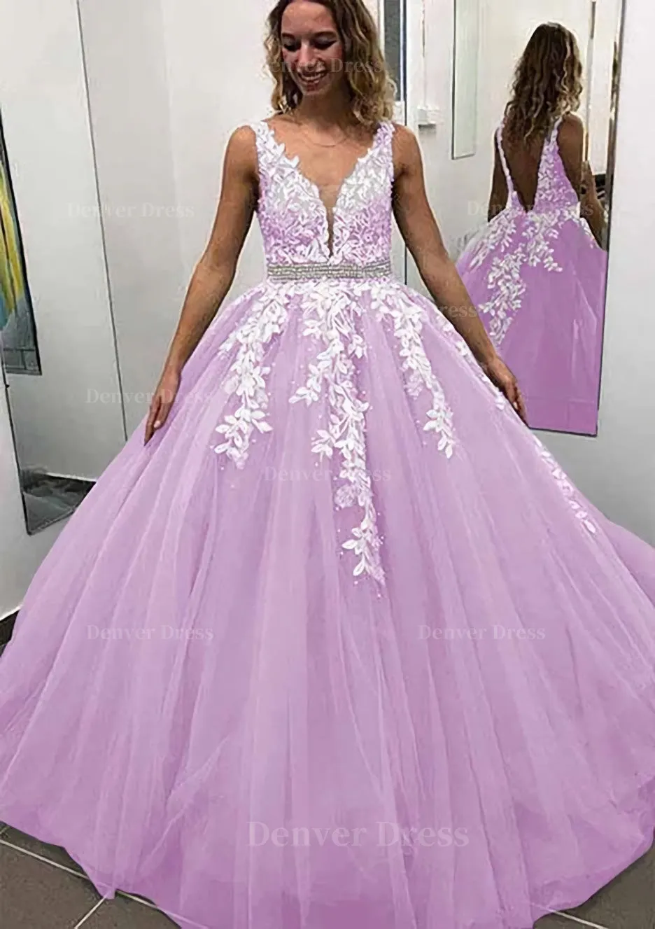 Ball Gown Sleeveless Long/Floor-Length Tulle Prom Dress With Lace Appliqued Beading