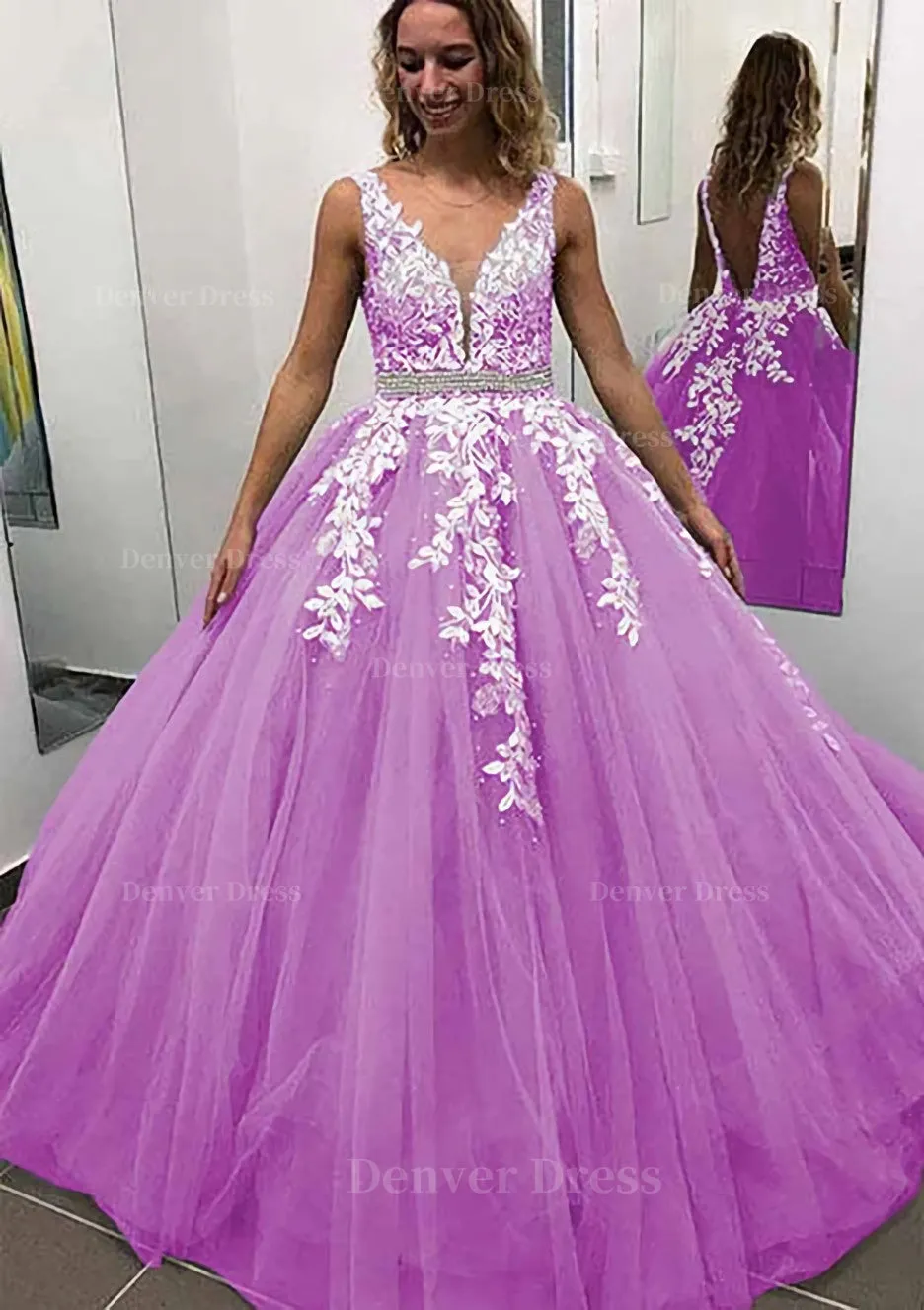 Ball Gown Sleeveless Long/Floor-Length Tulle Prom Dress With Lace Appliqued Beading