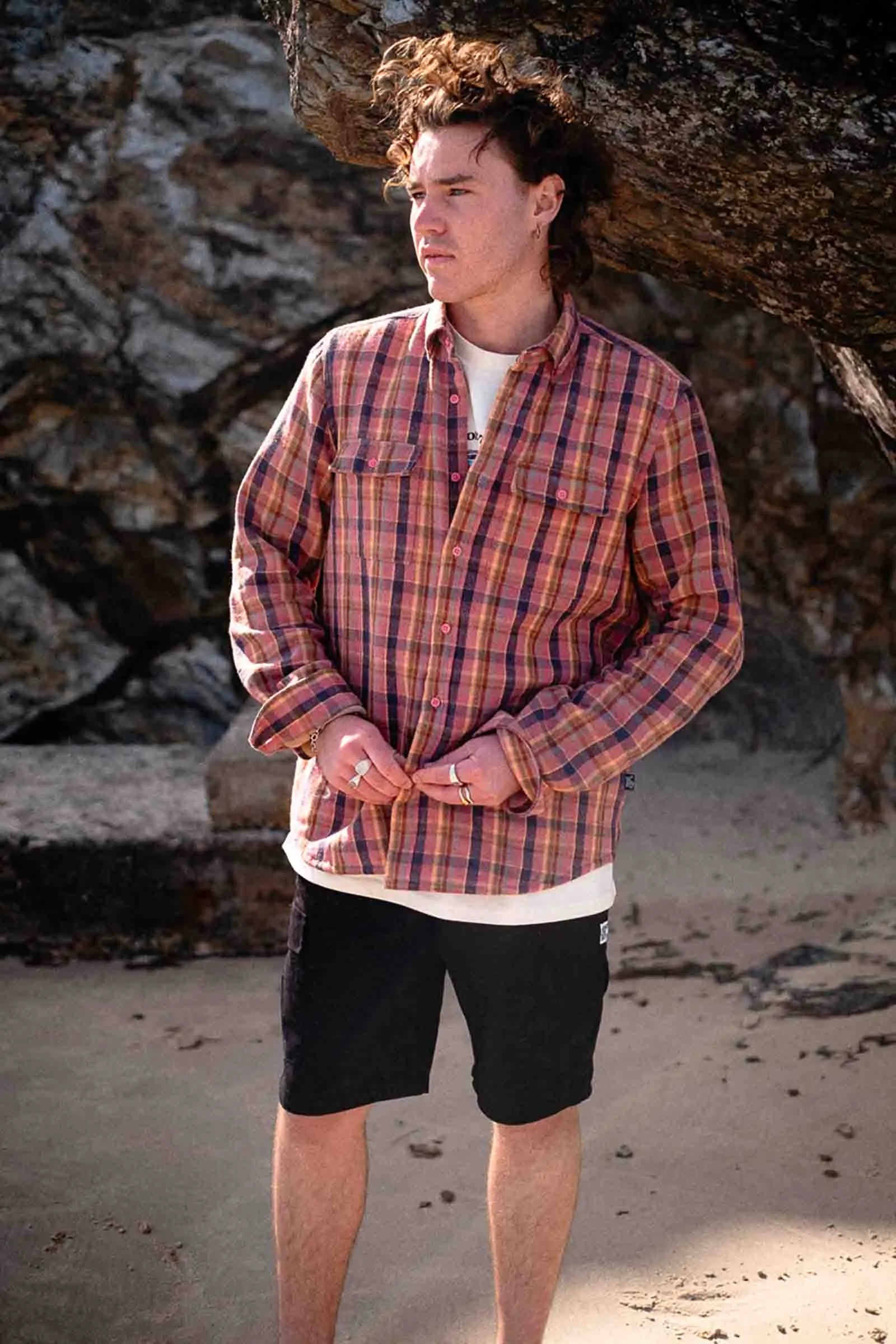 Beached Out Flanno Shacket Pink/Navy