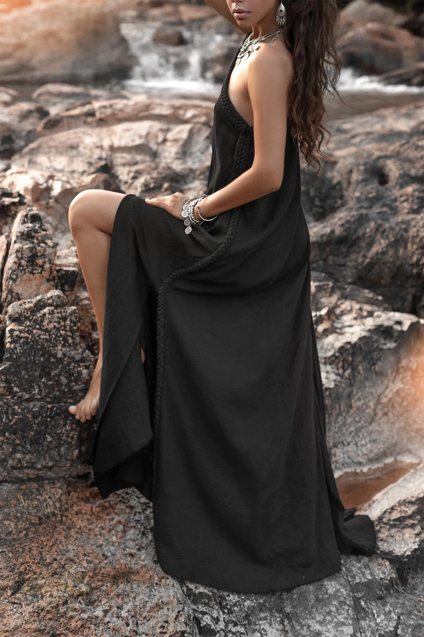 Black Aurora Greek Goddess Dress • Cold Shoulder Maxi Dress • Gothic Grecian Dress