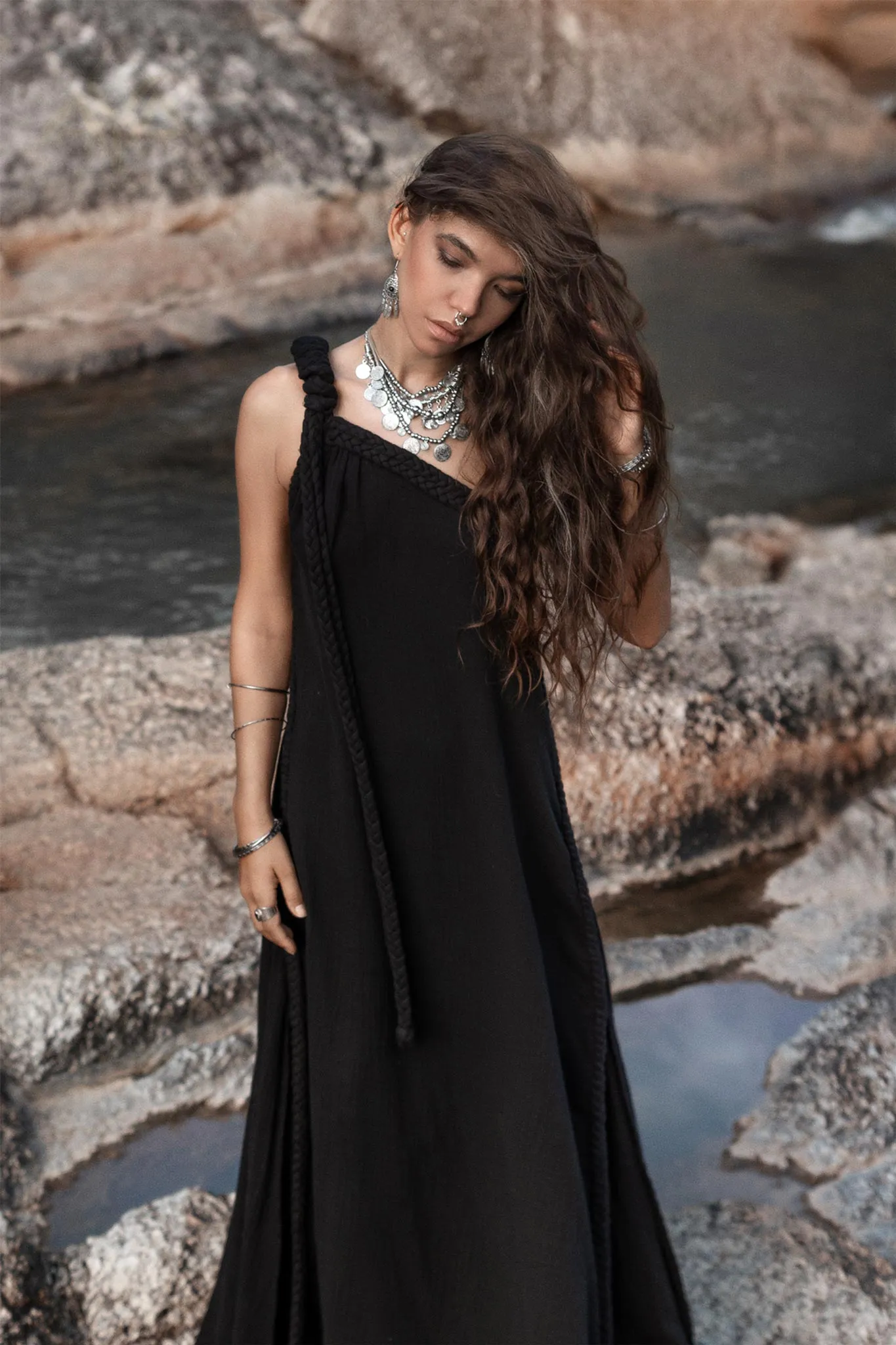 Black Aurora Greek Goddess Dress • Cold Shoulder Maxi Dress • Gothic Grecian Dress