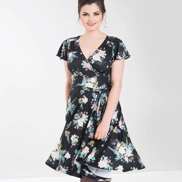 Black Floral Print Cap Sleeve Wrap Top Empire Waist Swing Dress