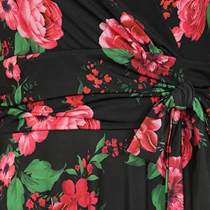 Black Red Pink Rose Floral Print 3/4 Sleeve Crossover Vintage Swing Dress