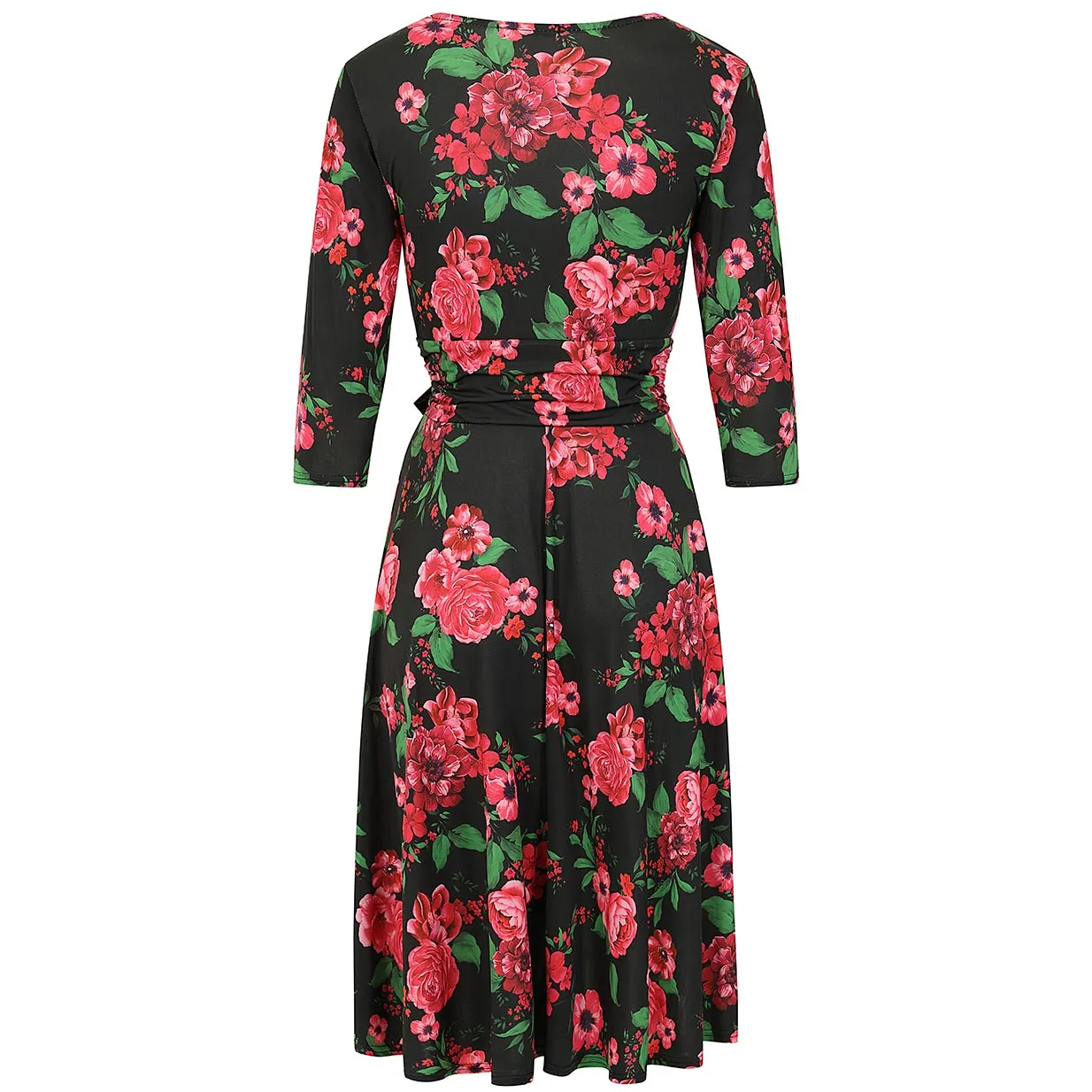 Black Red Pink Rose Floral Print 3/4 Sleeve Crossover Vintage Swing Dress