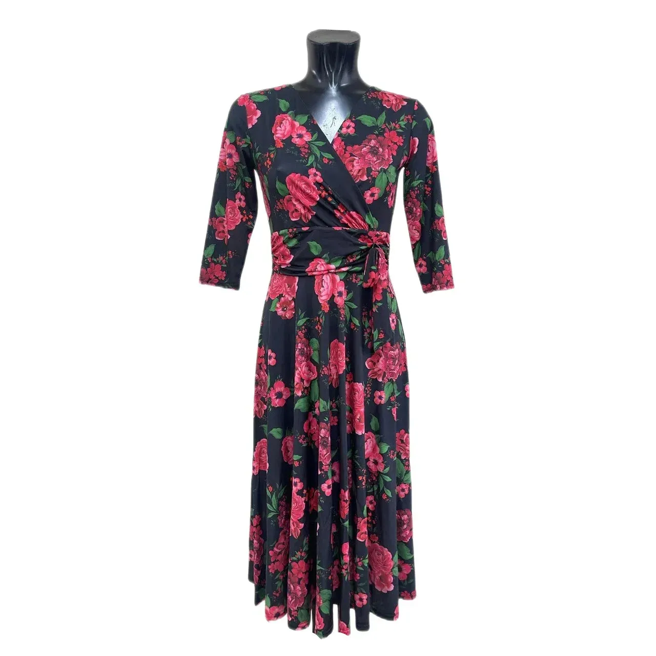 Black Red Pink Rose Floral Print 3/4 Sleeve Crossover Vintage Swing Dress