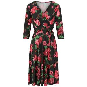 Black Red Pink Rose Floral Print 3/4 Sleeve Crossover Vintage Swing Dress