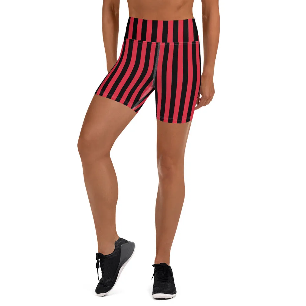 Black Red Striped Yoga Shorts, Circus Vertical Stripes Women's Gym Tights-Made in USA/EU