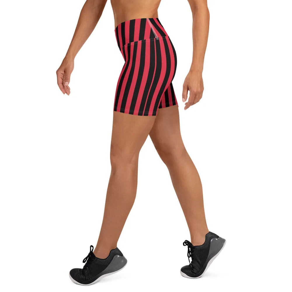 Black Red Striped Yoga Shorts, Circus Vertical Stripes Women's Gym Tights-Made in USA/EU