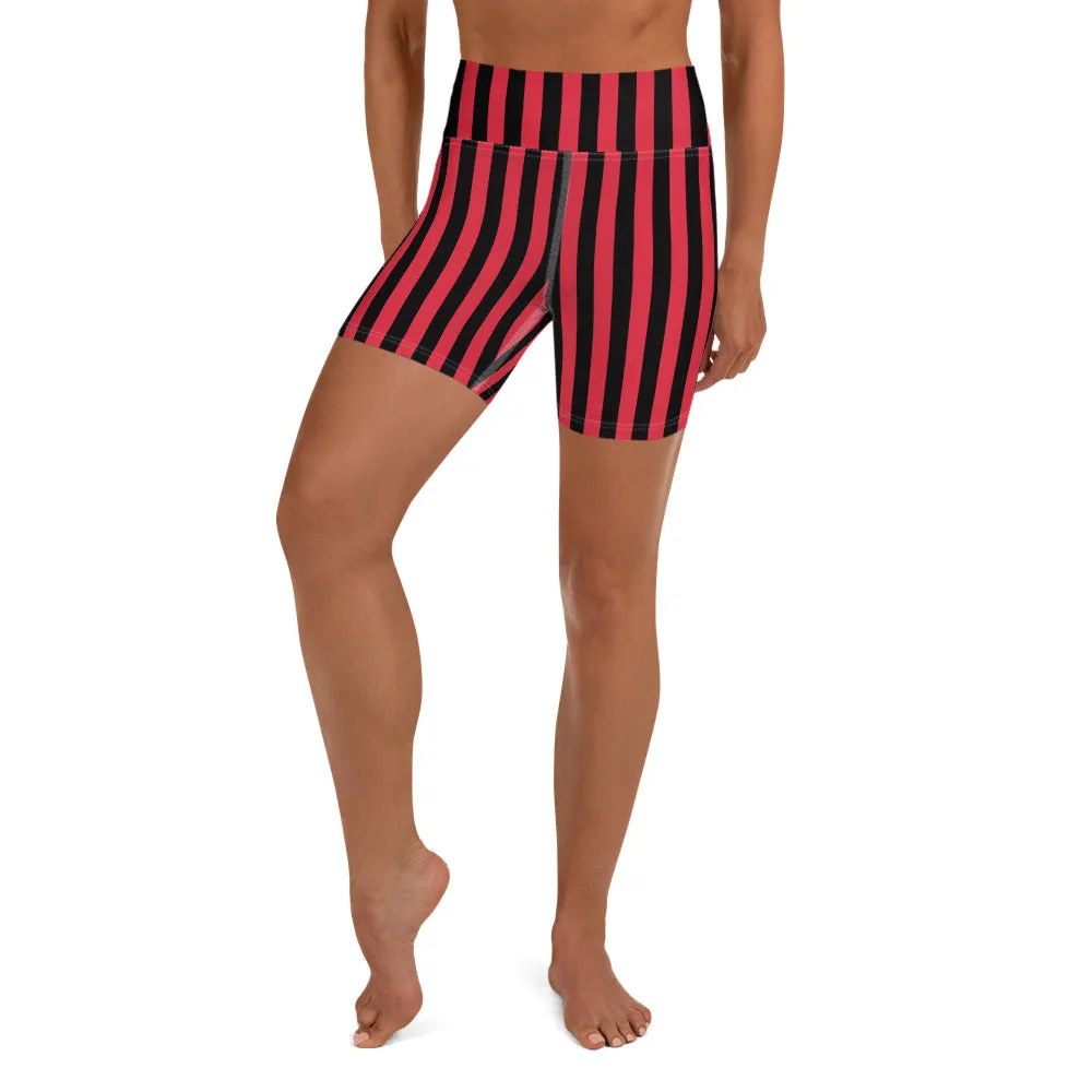 Black Red Striped Yoga Shorts, Circus Vertical Stripes Women's Gym Tights-Made in USA/EU