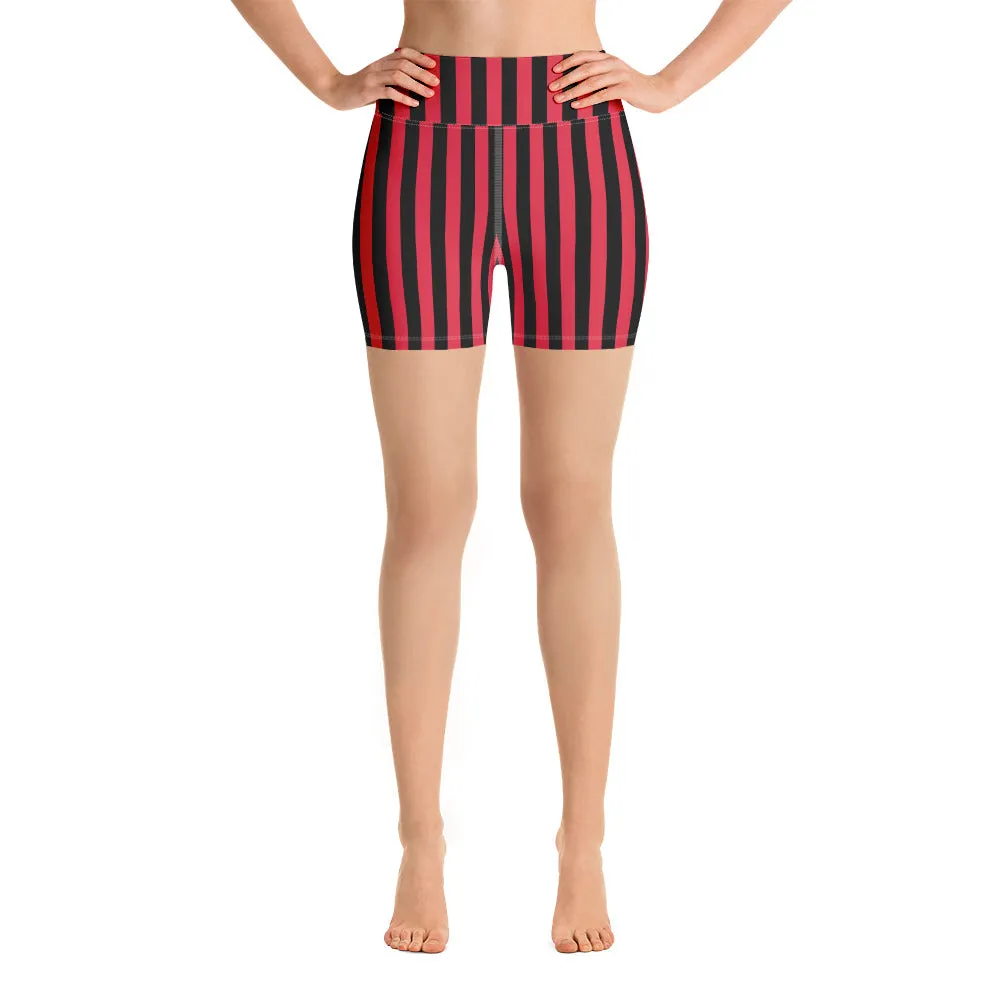 Black Red Striped Yoga Shorts, Circus Vertical Stripes Women's Gym Tights-Made in USA/EU