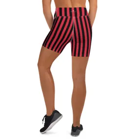 Black Red Striped Yoga Shorts, Circus Vertical Stripes Women's Gym Tights-Made in USA/EU