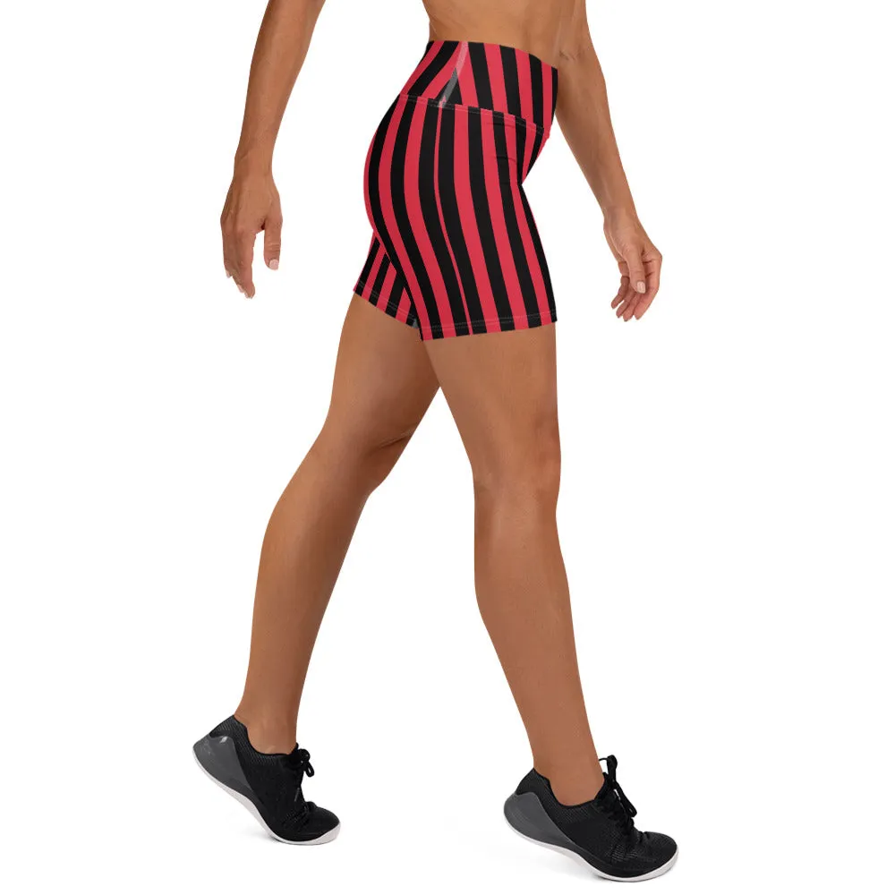 Black Red Striped Yoga Shorts, Circus Vertical Stripes Women's Gym Tights-Made in USA/EU