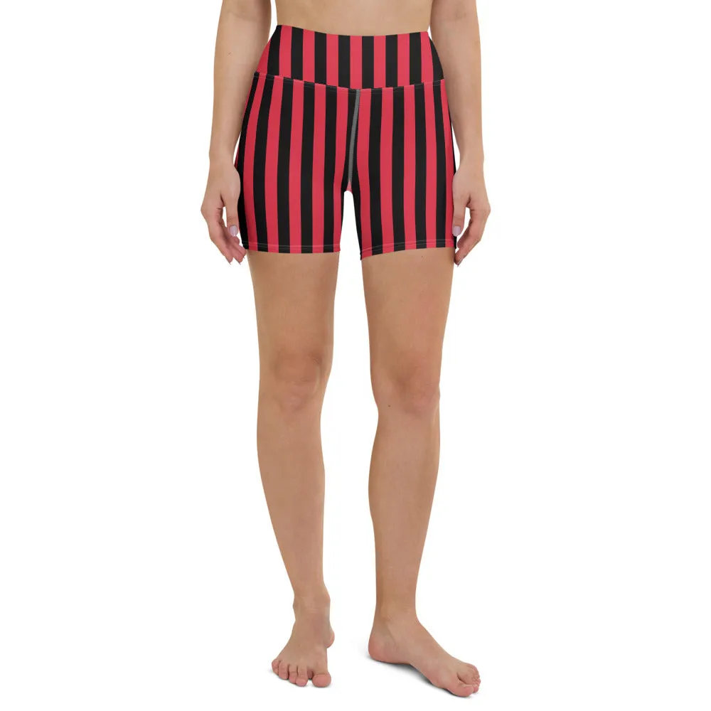 Black Red Striped Yoga Shorts, Circus Vertical Stripes Women's Gym Tights-Made in USA/EU