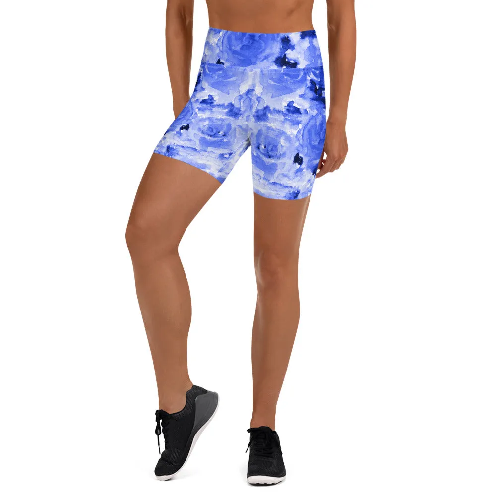 Blue Abstract Print Yoga Shorts, Women's Floral Short Tights-Made in USA/EU(US Size: XS-XL)