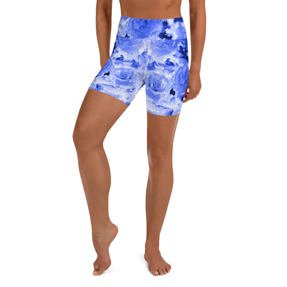 Blue Abstract Print Yoga Shorts, Women's Floral Short Tights-Made in USA/EU(US Size: XS-XL)