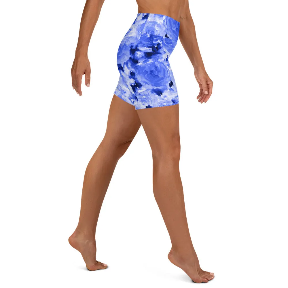 Blue Abstract Print Yoga Shorts, Women's Floral Short Tights-Made in USA/EU(US Size: XS-XL)