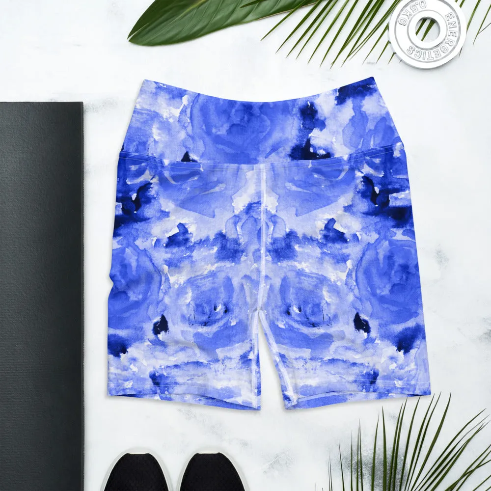 Blue Abstract Print Yoga Shorts, Women's Floral Short Tights-Made in USA/EU(US Size: XS-XL)