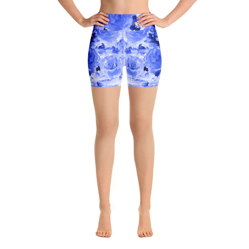 Blue Abstract Print Yoga Shorts, Women's Floral Short Tights-Made in USA/EU(US Size: XS-XL)