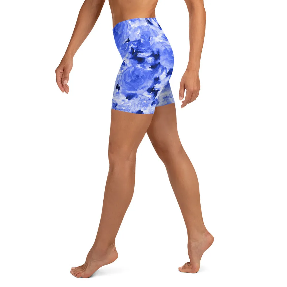 Blue Abstract Print Yoga Shorts, Women's Floral Short Tights-Made in USA/EU(US Size: XS-XL)