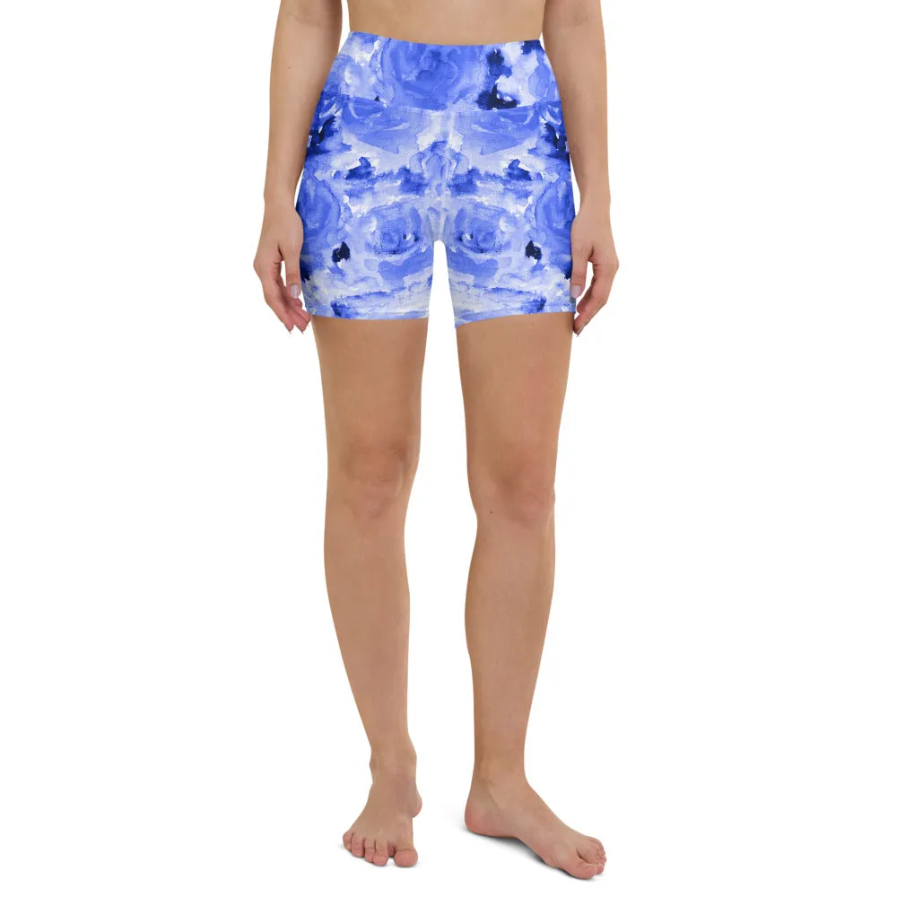 Blue Abstract Print Yoga Shorts, Women's Floral Short Tights-Made in USA/EU(US Size: XS-XL)