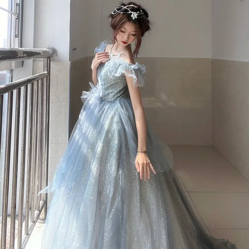 Blue Evening Dress for Women  New Light Luxury off-Shoulder Student Adult Ceremony Banquet Dress French Princess on the Run