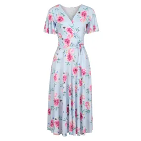 Blue Floral Print Cap Sleeve Crossover Wrap Top Swing Dress