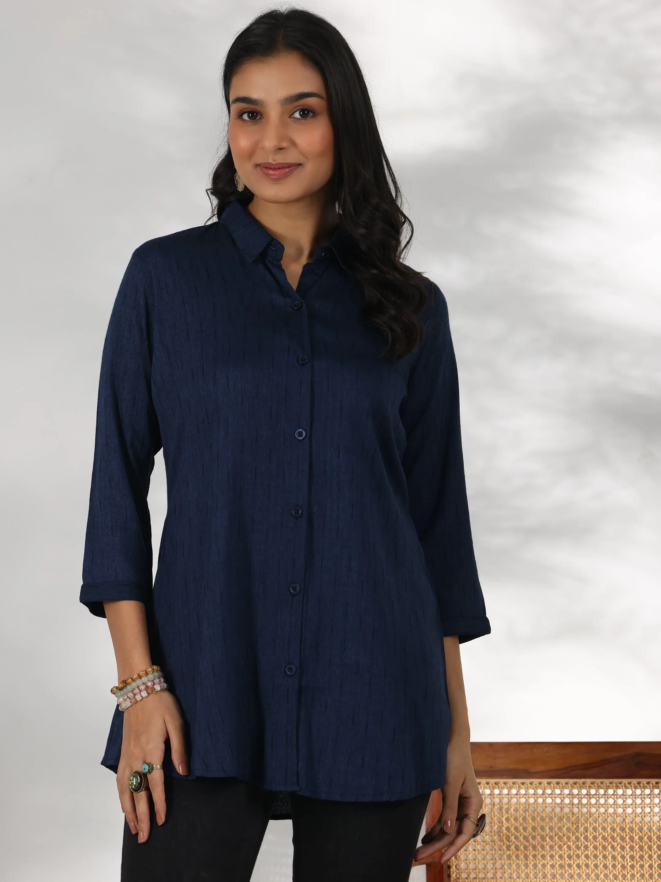 Blue Self Design Rayon Straight Tunic