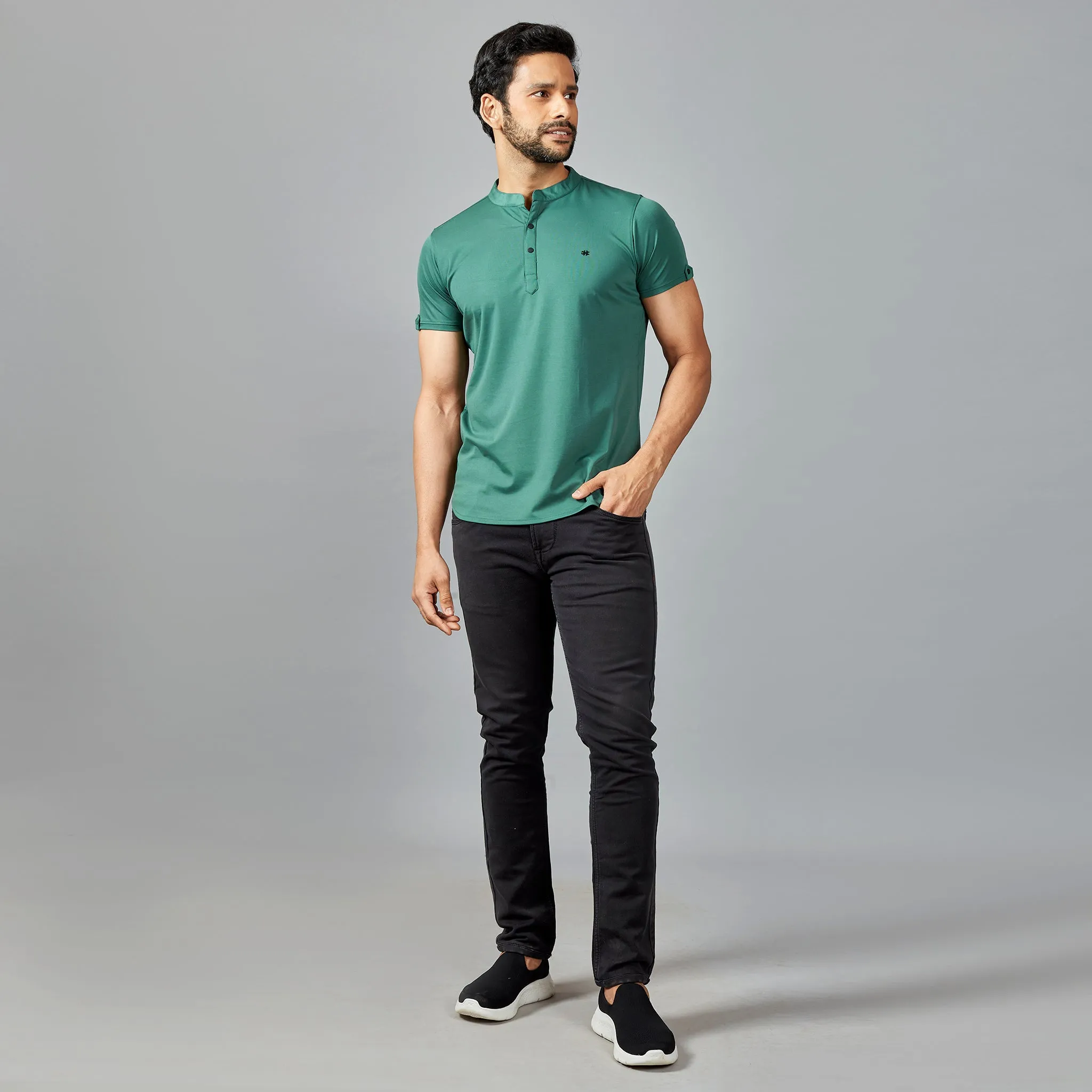 Bottle Green Henley T-shirt.