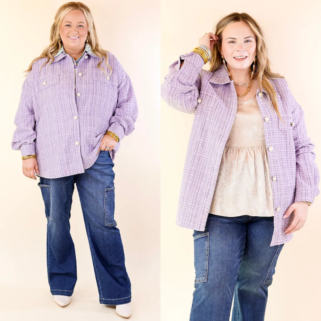 Brooklyn Buzz Pearl Button Up Tweed Shacket in Lavender Purple