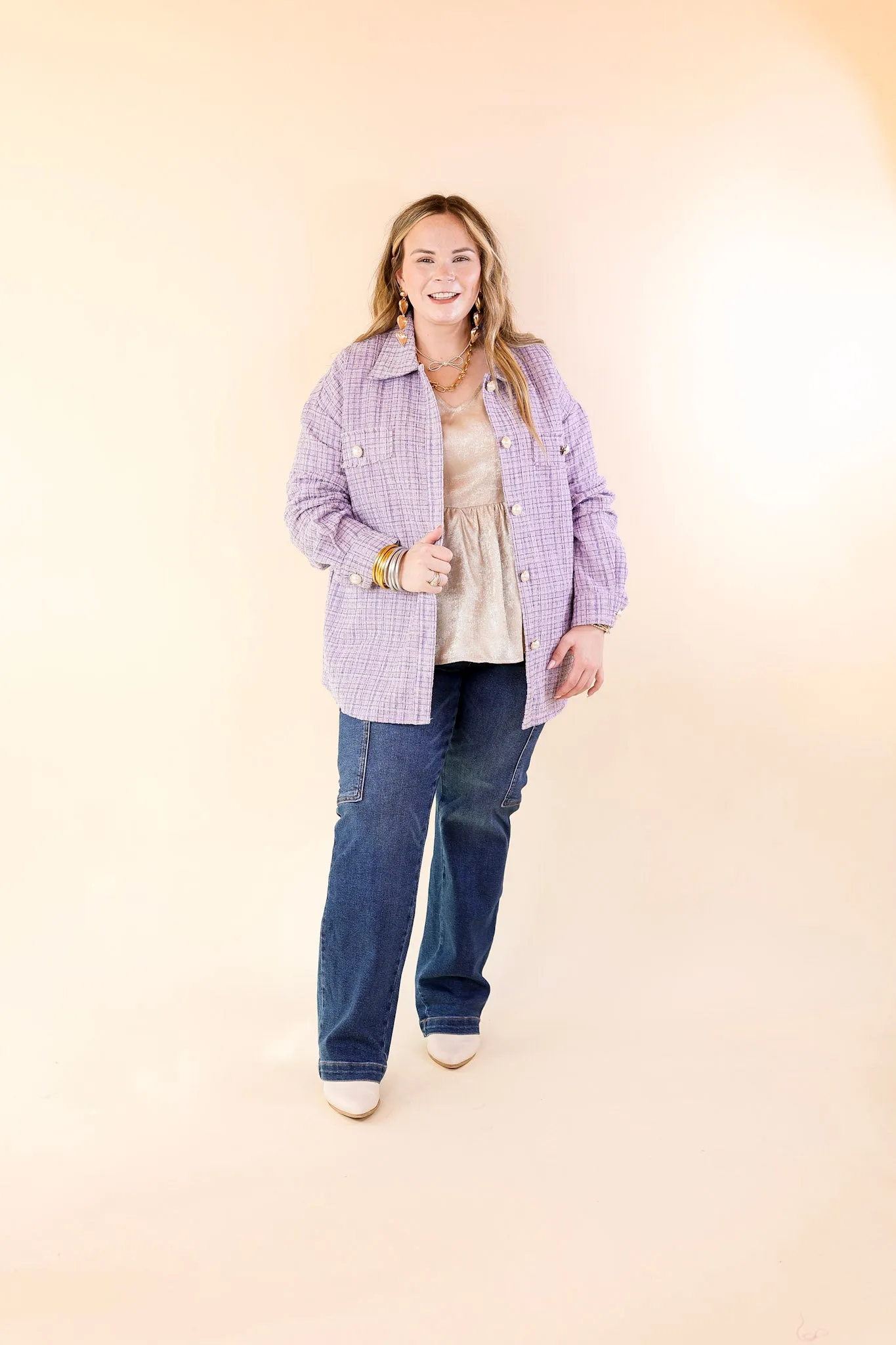 Brooklyn Buzz Pearl Button Up Tweed Shacket in Lavender Purple