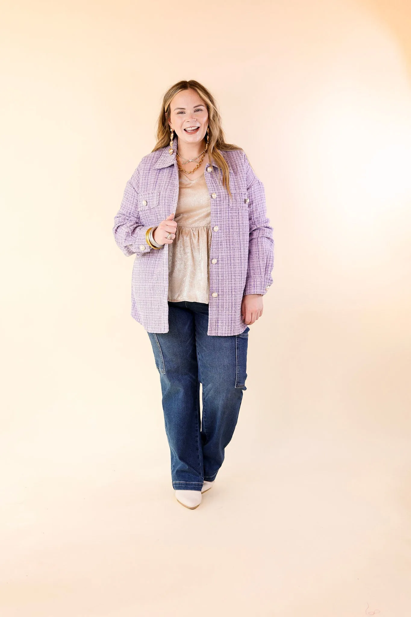 Brooklyn Buzz Pearl Button Up Tweed Shacket in Lavender Purple