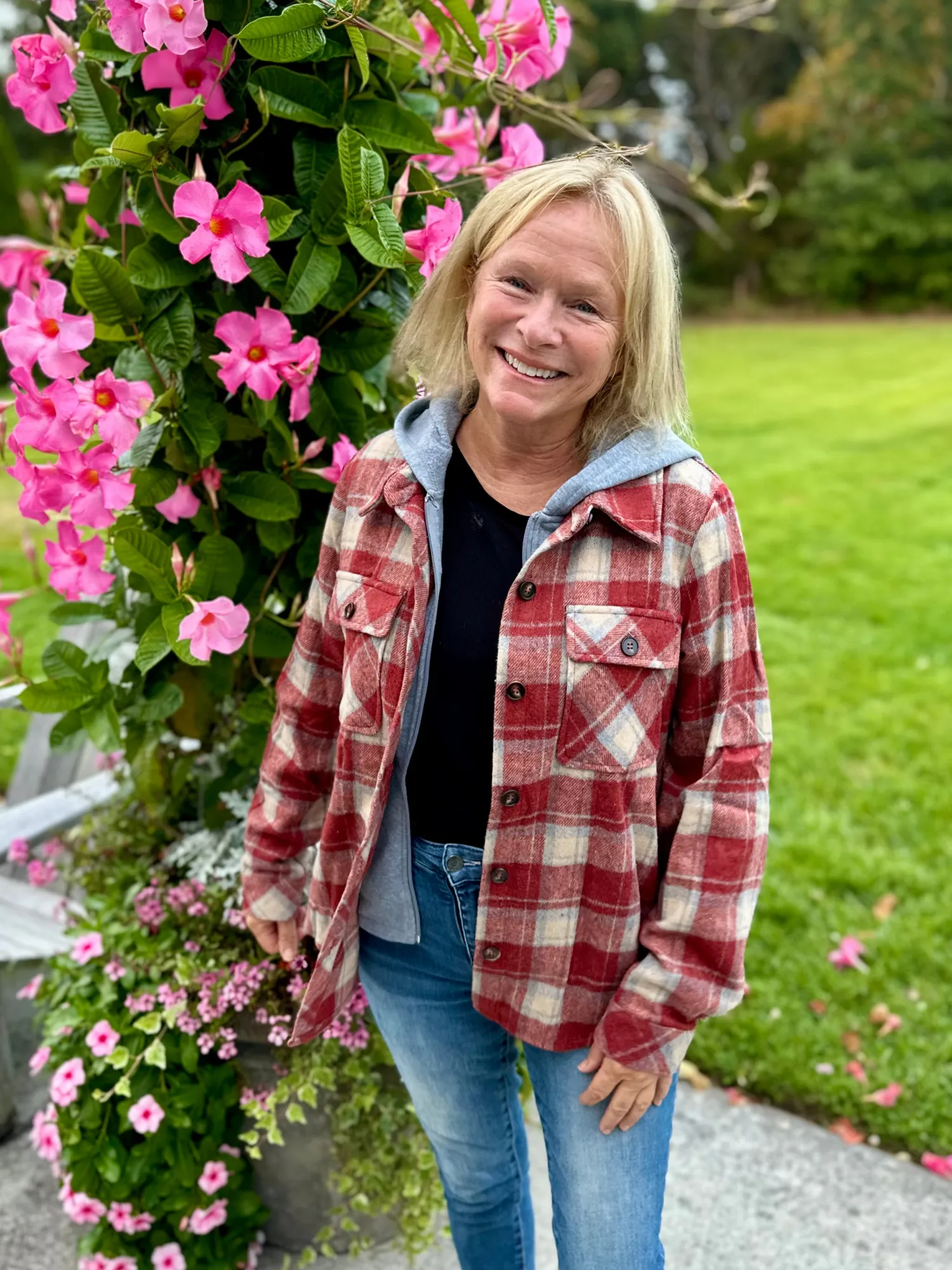 Button Down Plaid Shacket Hoodie in Red