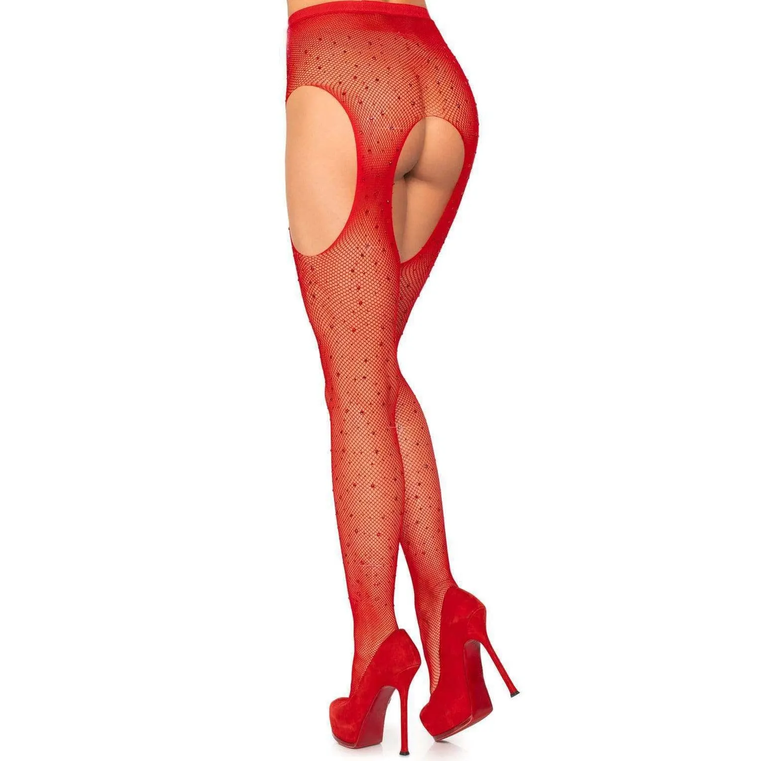 Casey Rhinestone Fishnet Suspender Pantyhose - One Size - Red