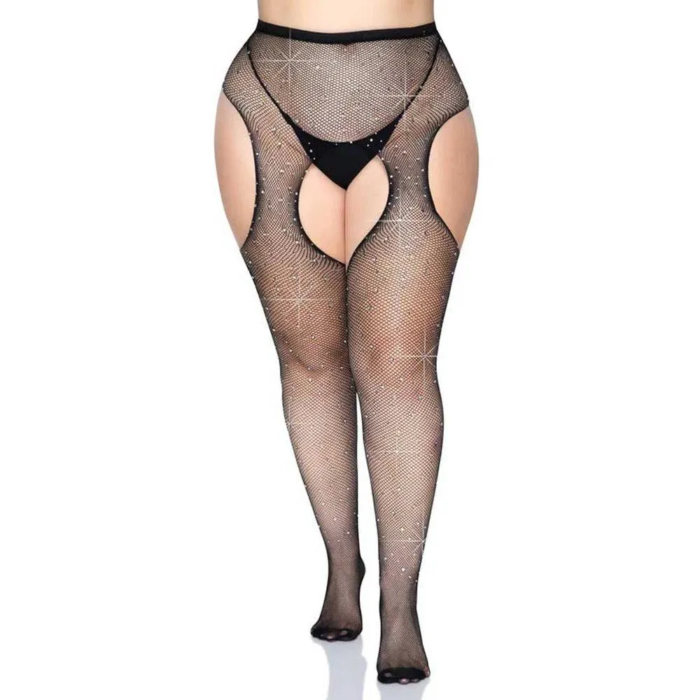 Casey Rhinestone Fishnet Suspender Pantyhose - Queen - Black