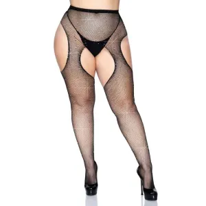 Casey Rhinestone Fishnet Suspender Pantyhose - Queen - Black