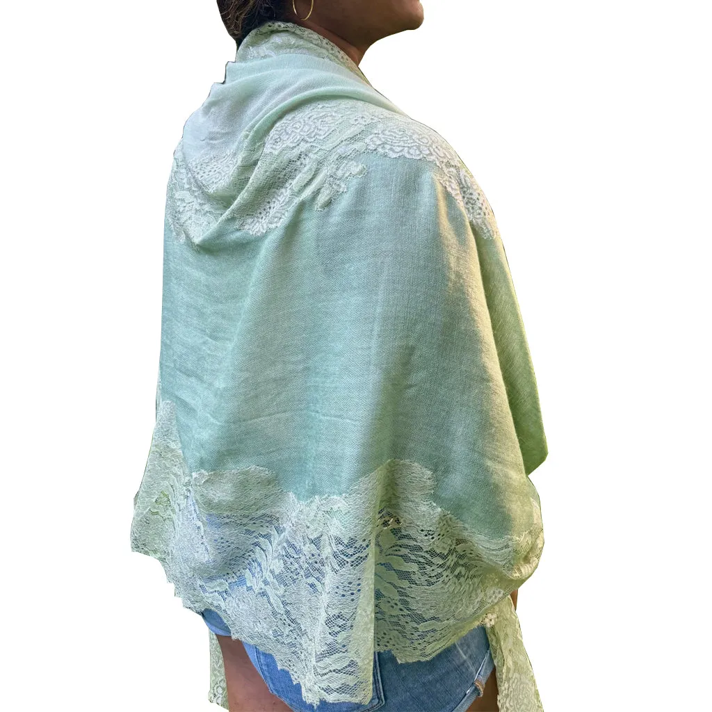 Centerville Seafoam Pashmina Shawl with Mint Chantilly lace trim