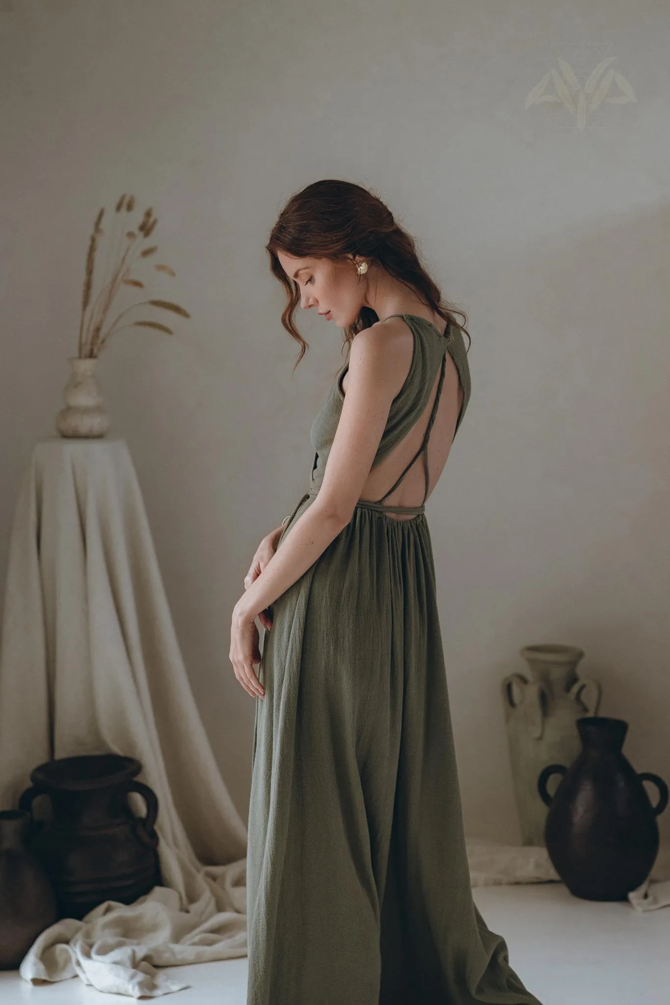 Cotton Boho Long Maxi Dress • Open Back Elegant Dress • Green Bridesmaid Dress