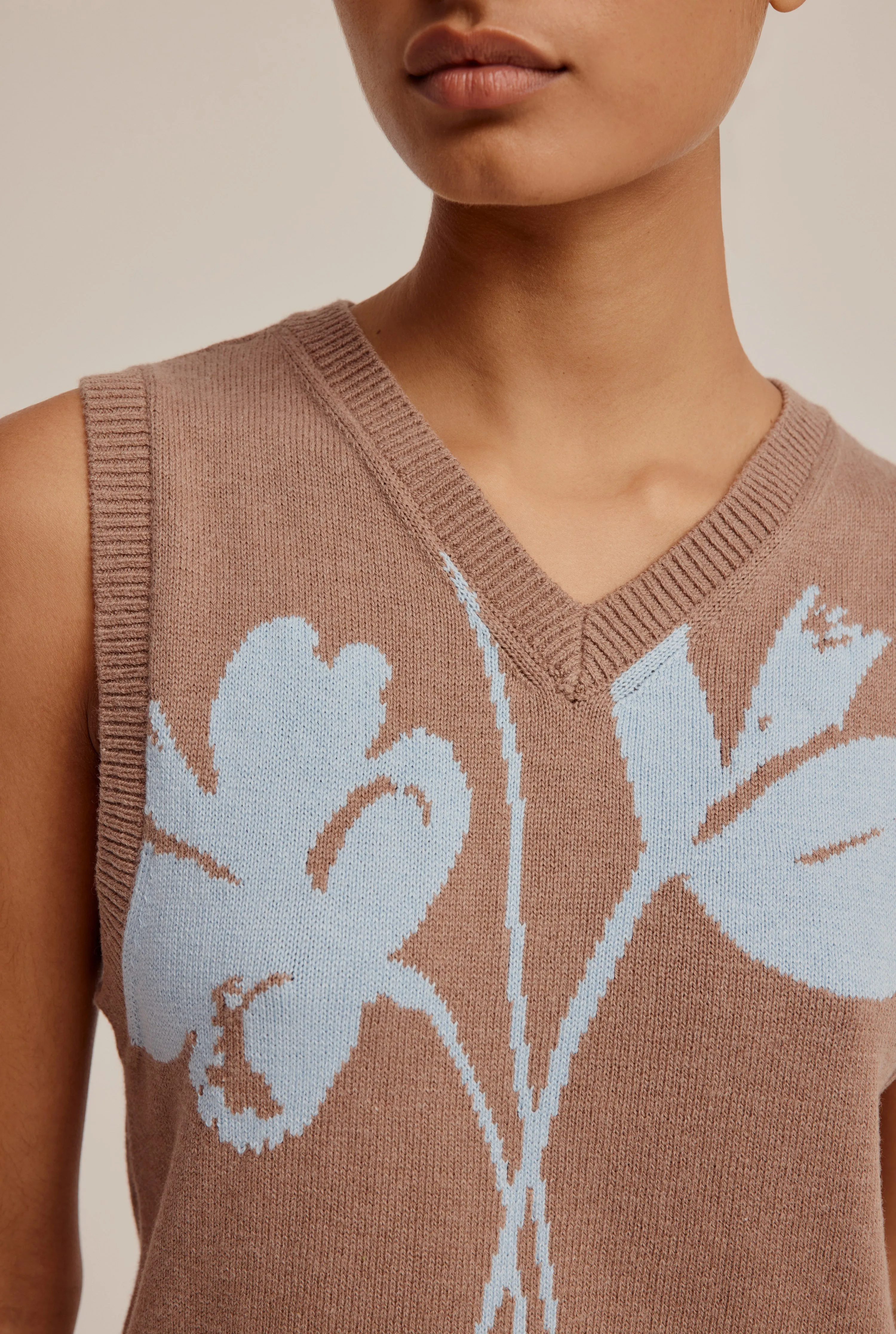 Cotton Cashmere Floral Intarsia Knit Vest - Brown/Light Blue