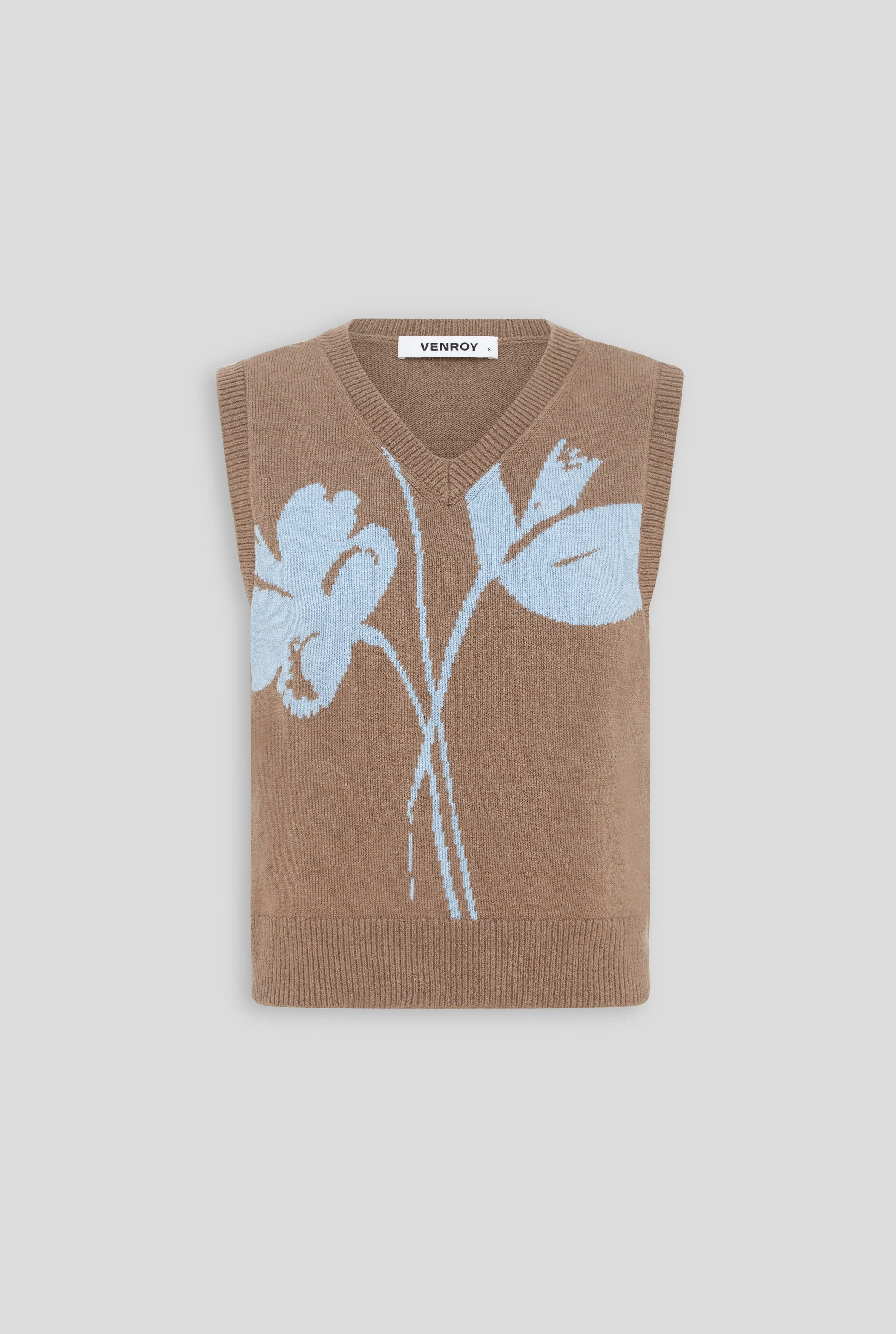 Cotton Cashmere Floral Intarsia Knit Vest - Brown/Light Blue