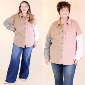 Cozy Perk Button Up Color Block Corduroy Shacket in Blush Pink and Tan