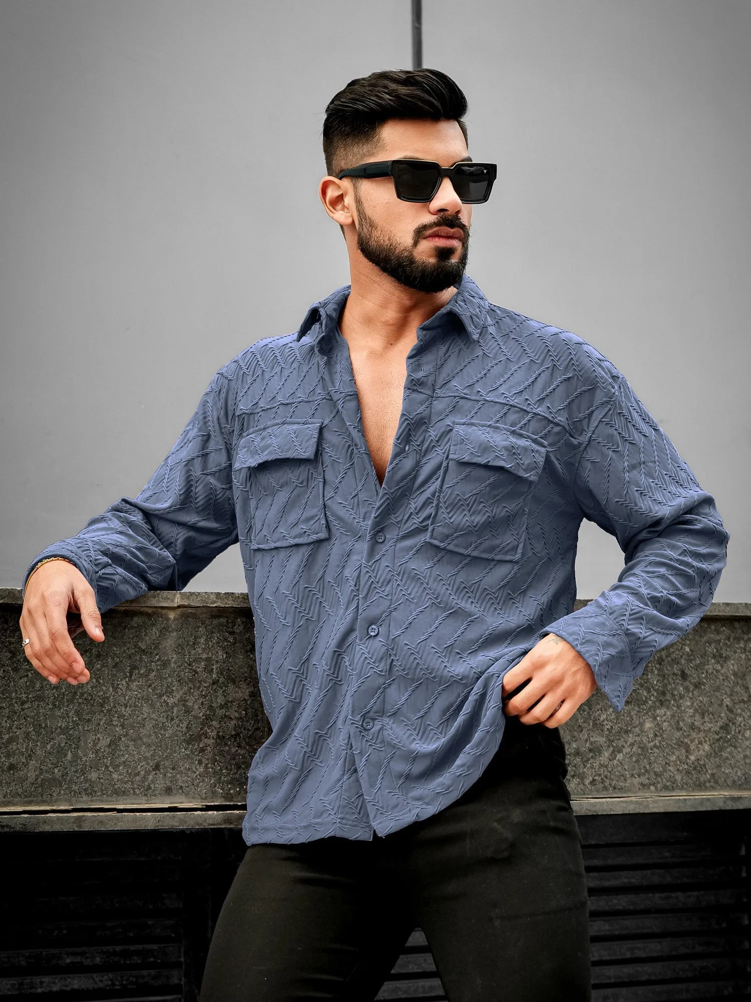 Creased Denim Blue Full Sleeve Shirt